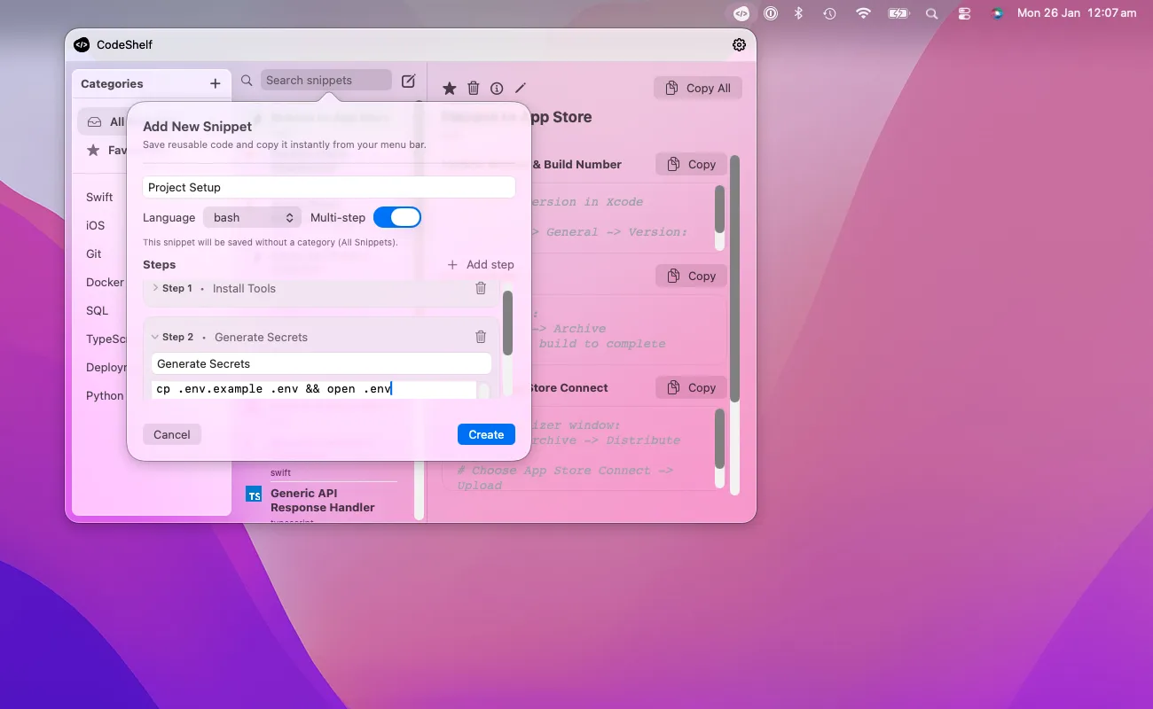 Add multi-step snippets in CodeShelf