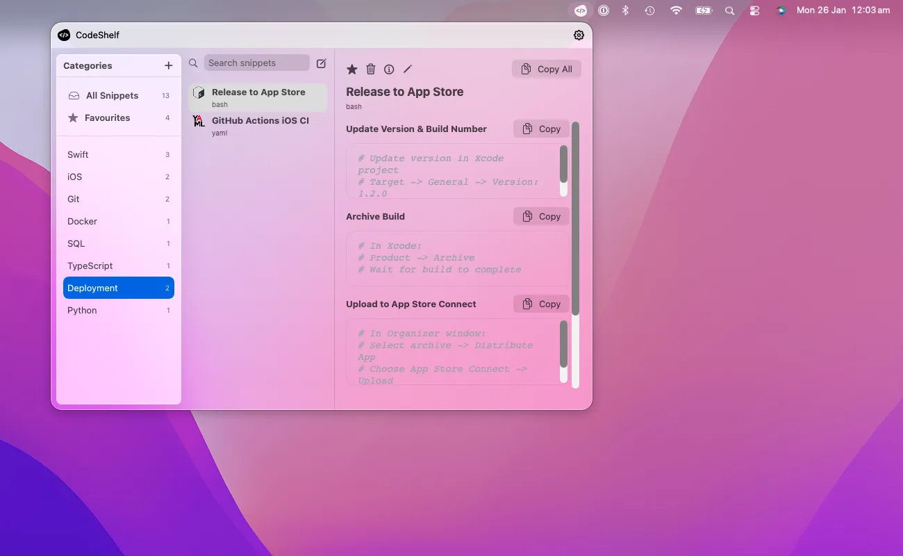 Organise snippets by category in CodeShelf