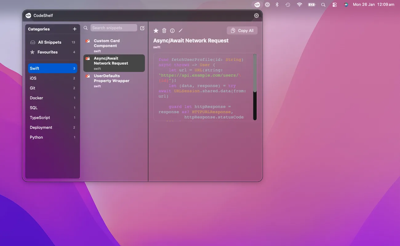 CodeShelf native dark mode interface