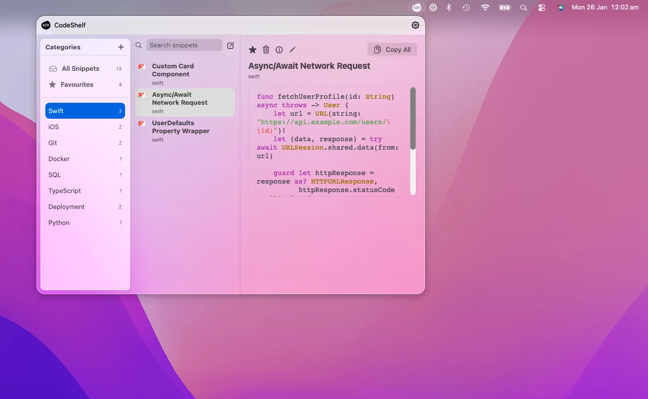 CodeShelf snippet library view