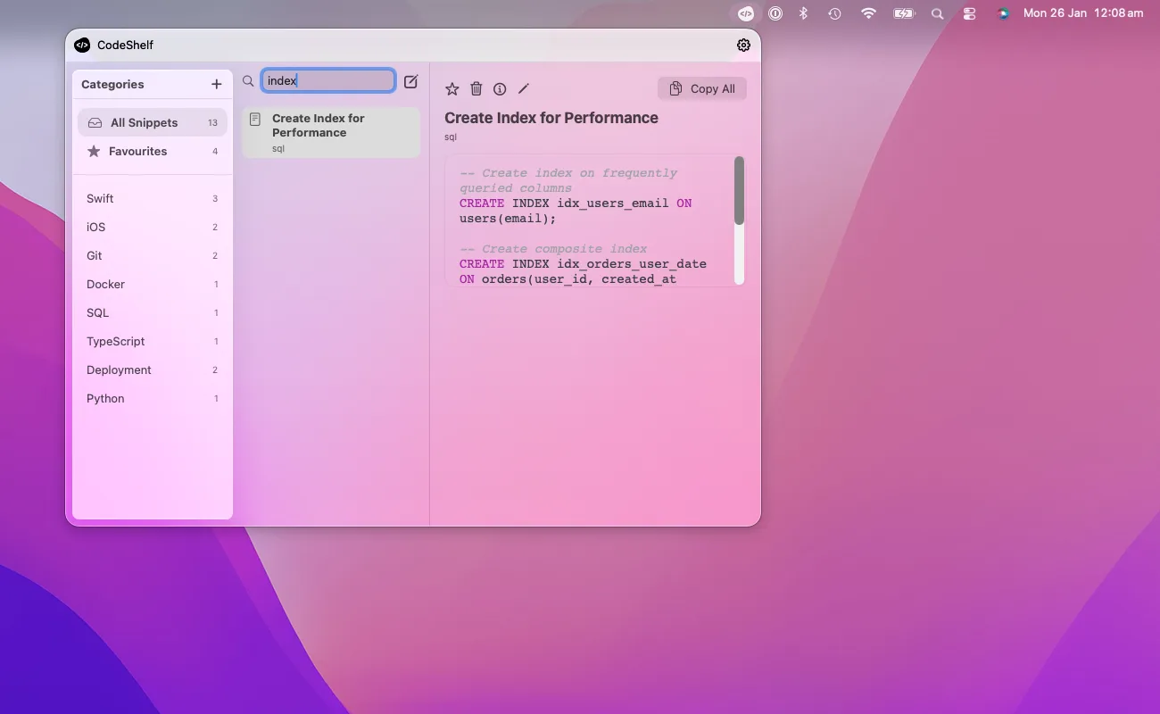 CodeShelf instant search interface