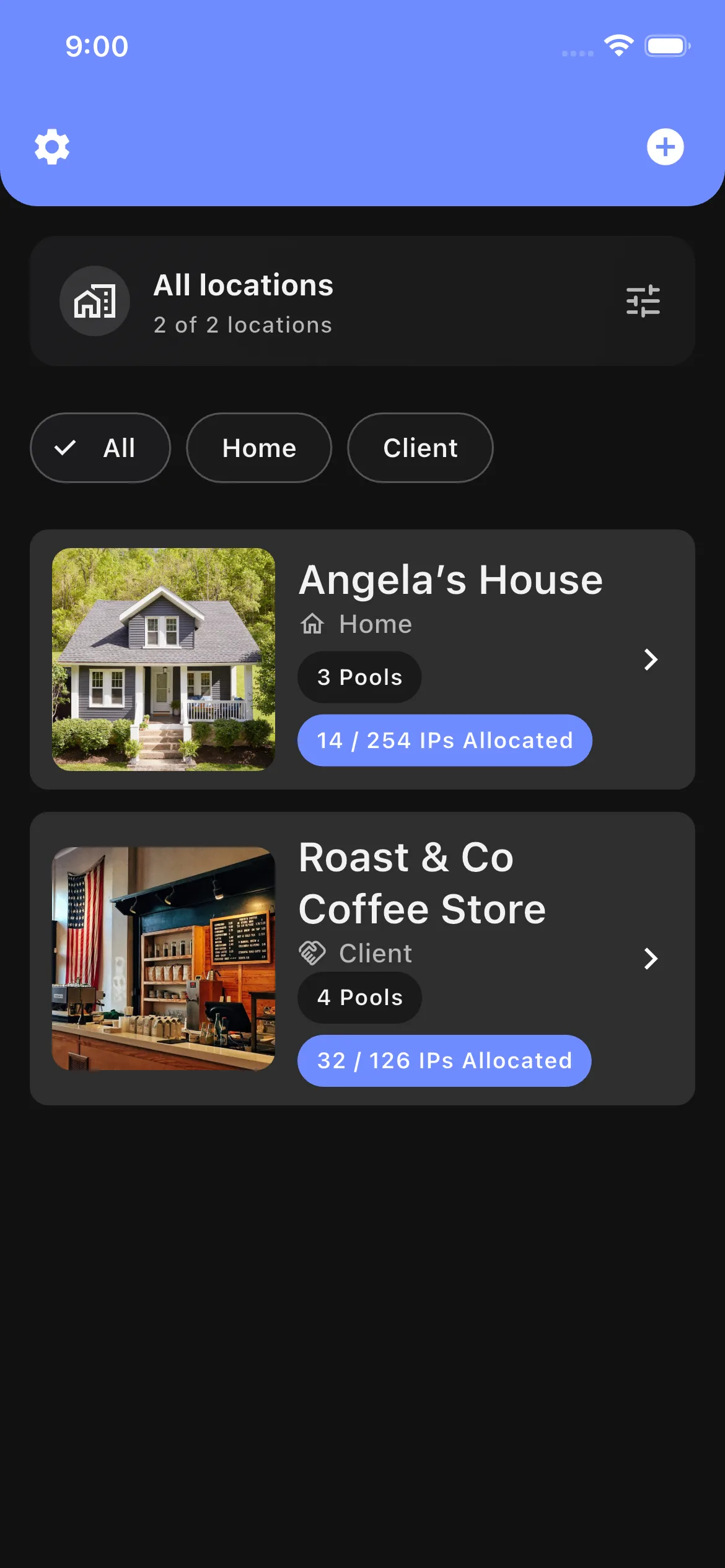 Locations list showing multiple sites in Netory dark mode