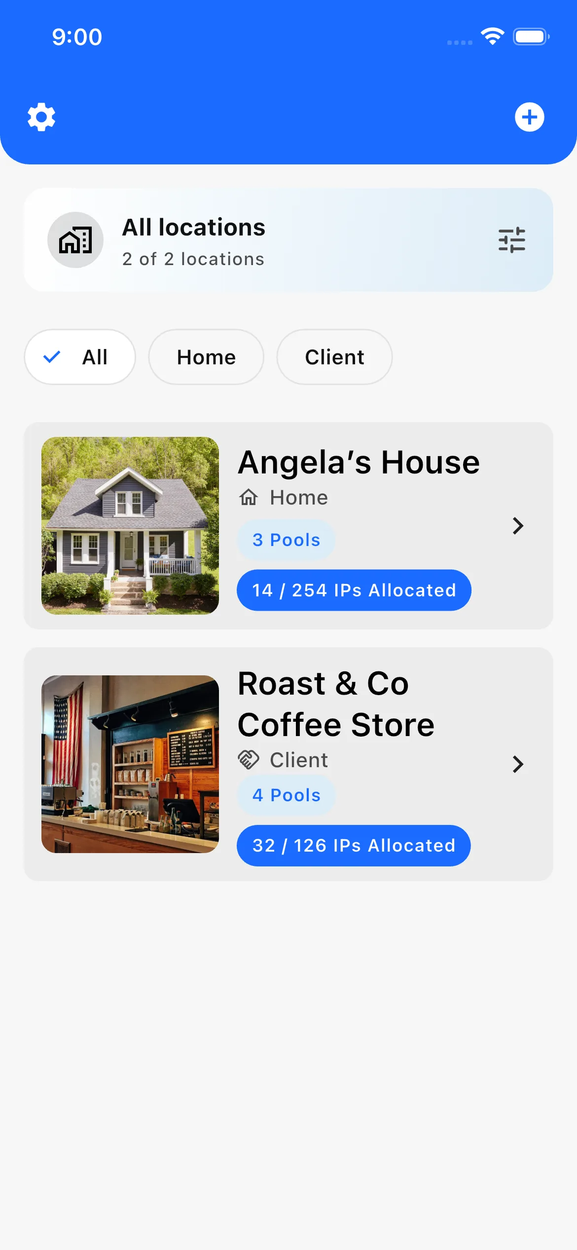 Locations list showing multiple sites in Netory light mode