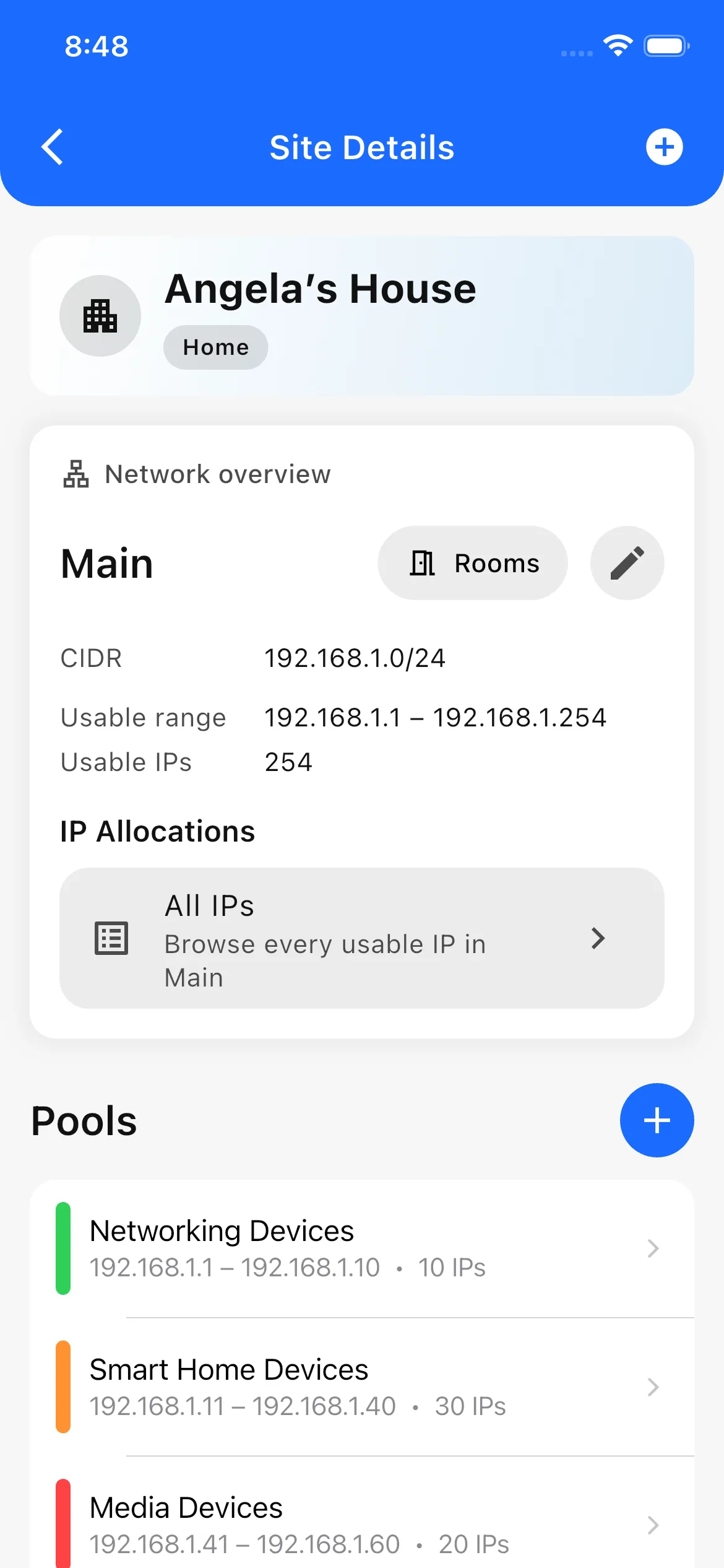 Network overview showing CIDR and usable IP range in Netory