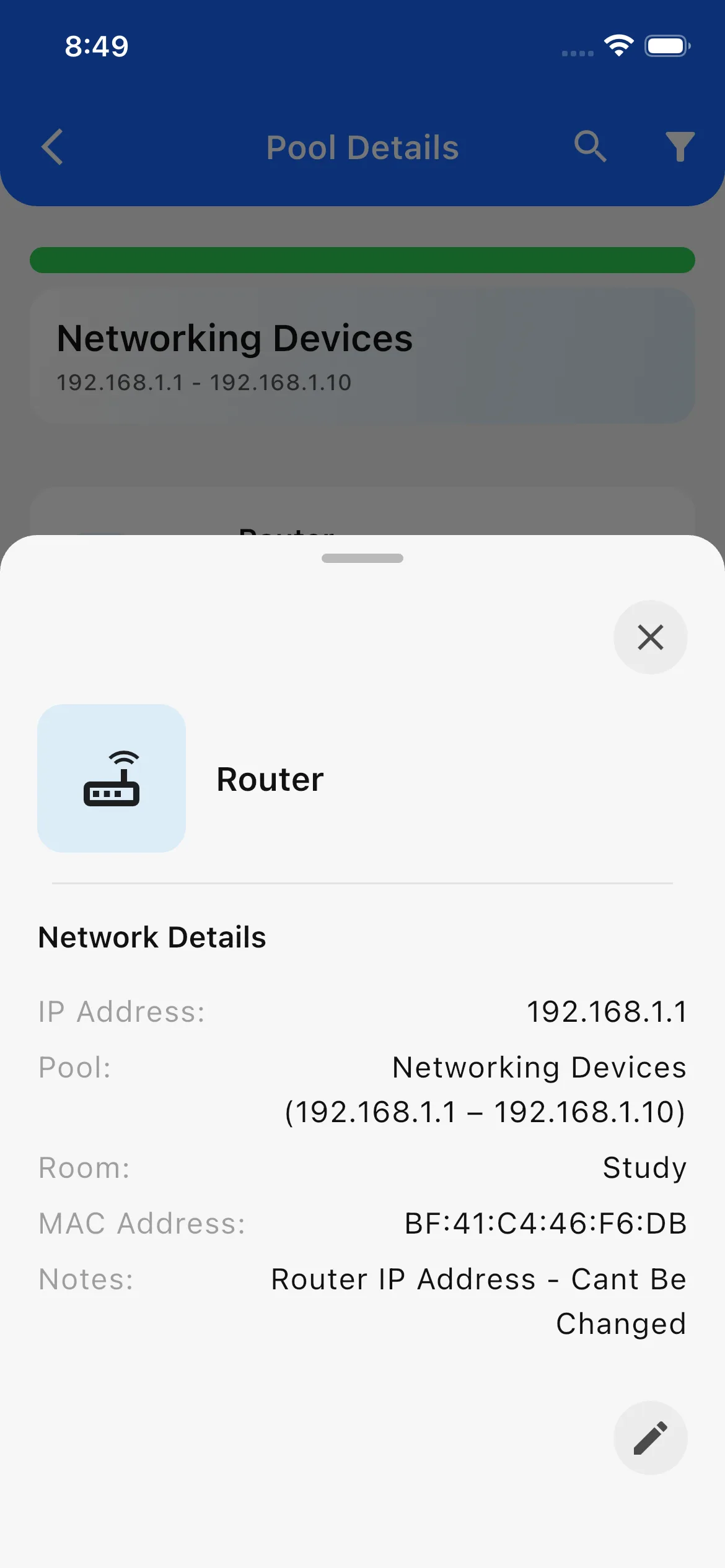 Device details view showing IP, pool, room, and MAC address