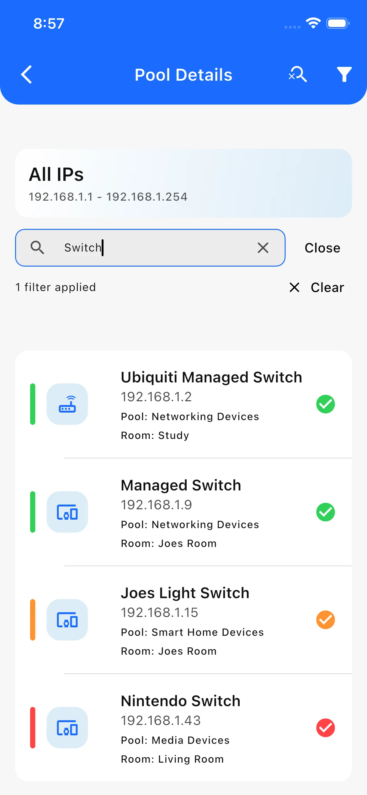 Search and filter devices by name or IP address in Netory