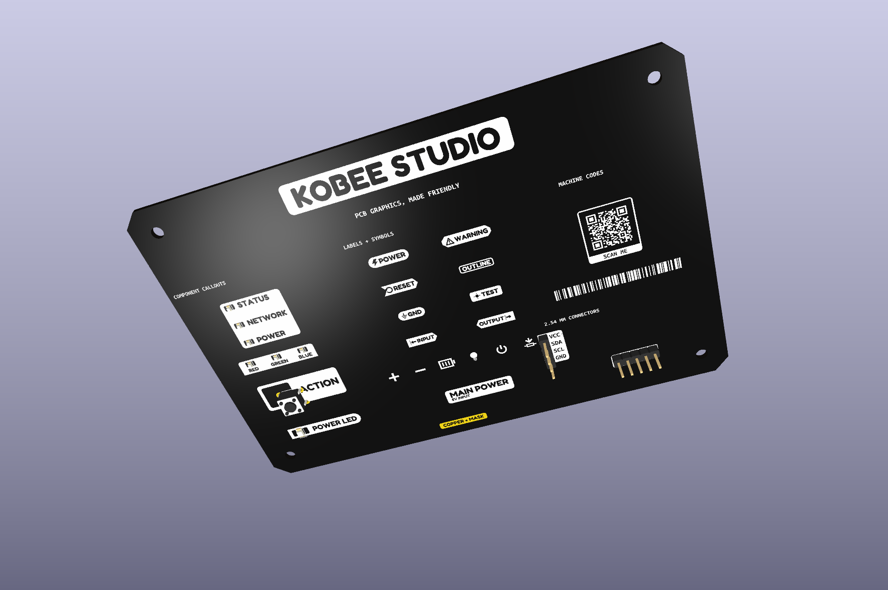 Kobee Studio symbols and quick labels on a showcase PCB