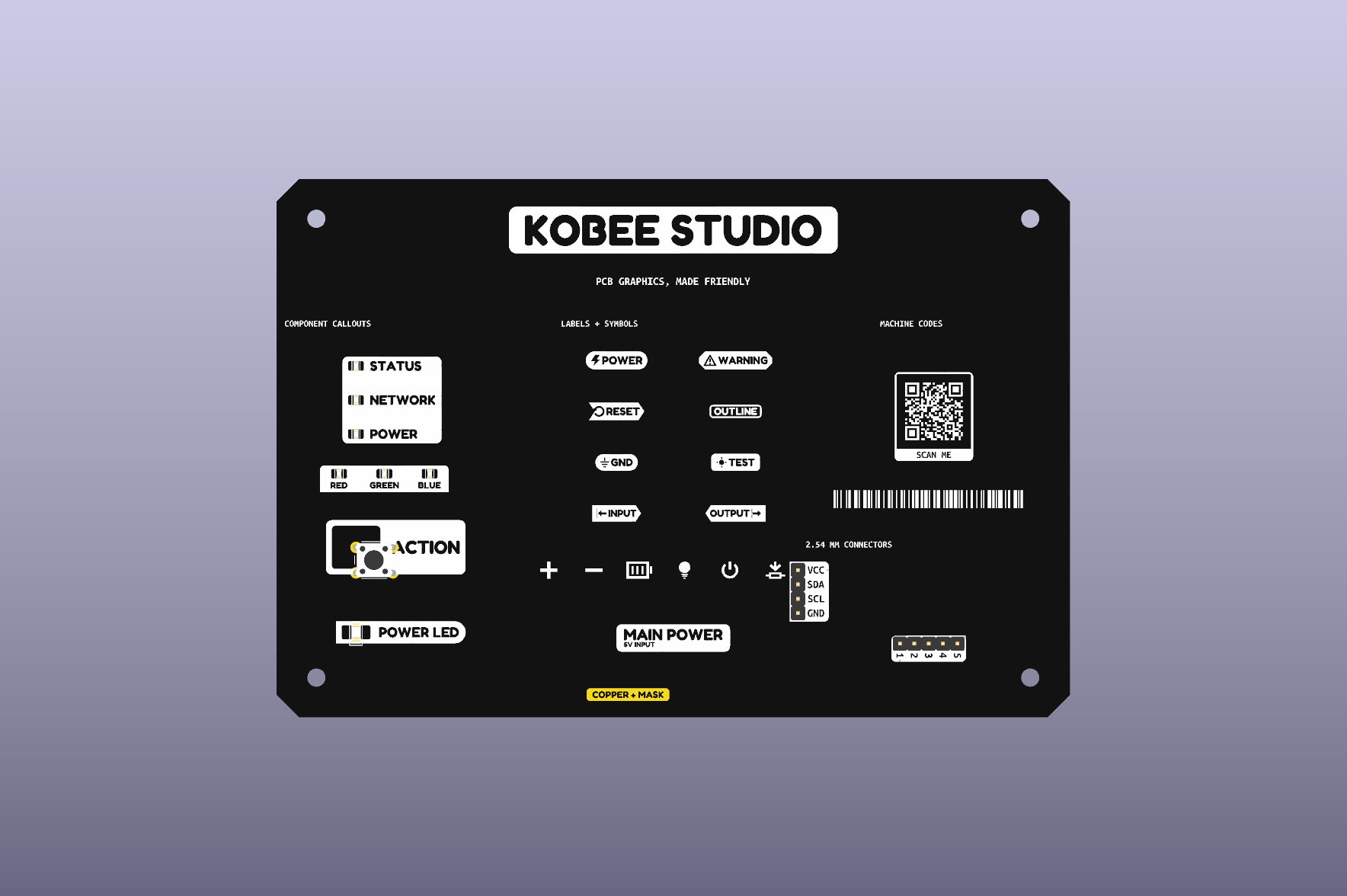 Kobee Studio labels on a showcase PCB