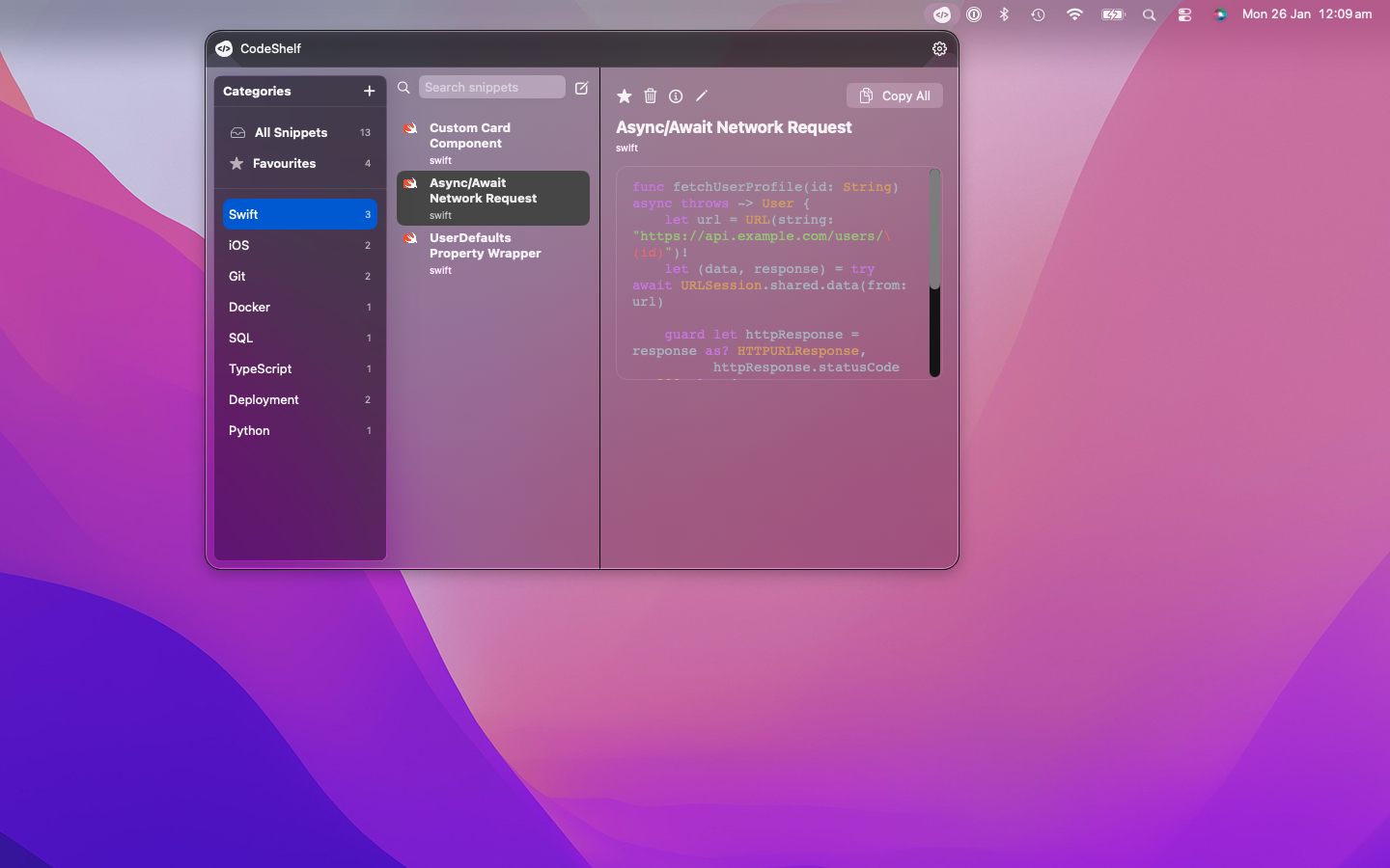 CodeShelf menu bar integration on macOS